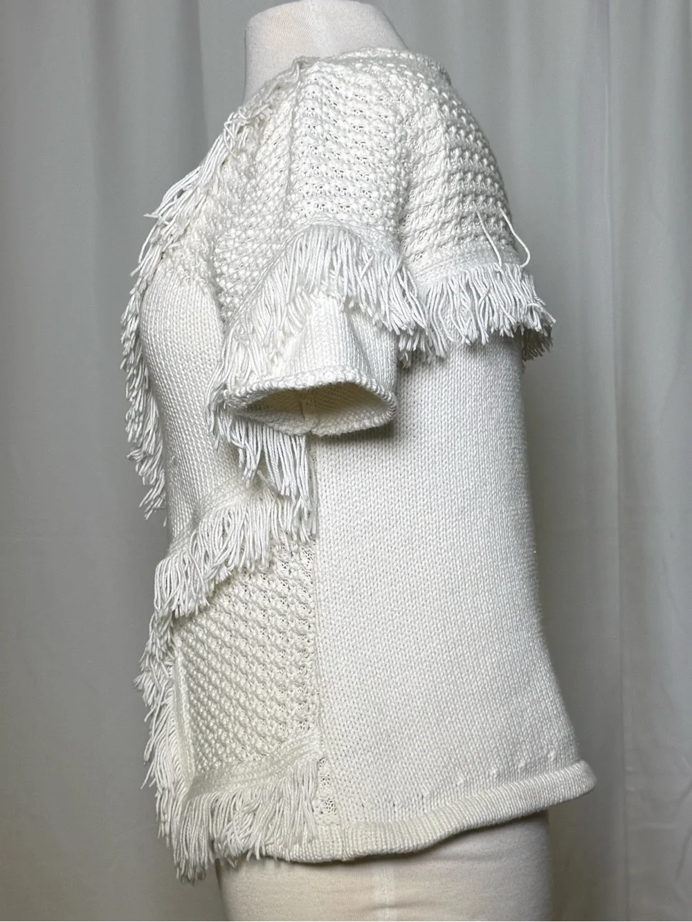 Anthropologie V-Neck Short Sleeve Cotton-Silk Fringe Knit Top size Small